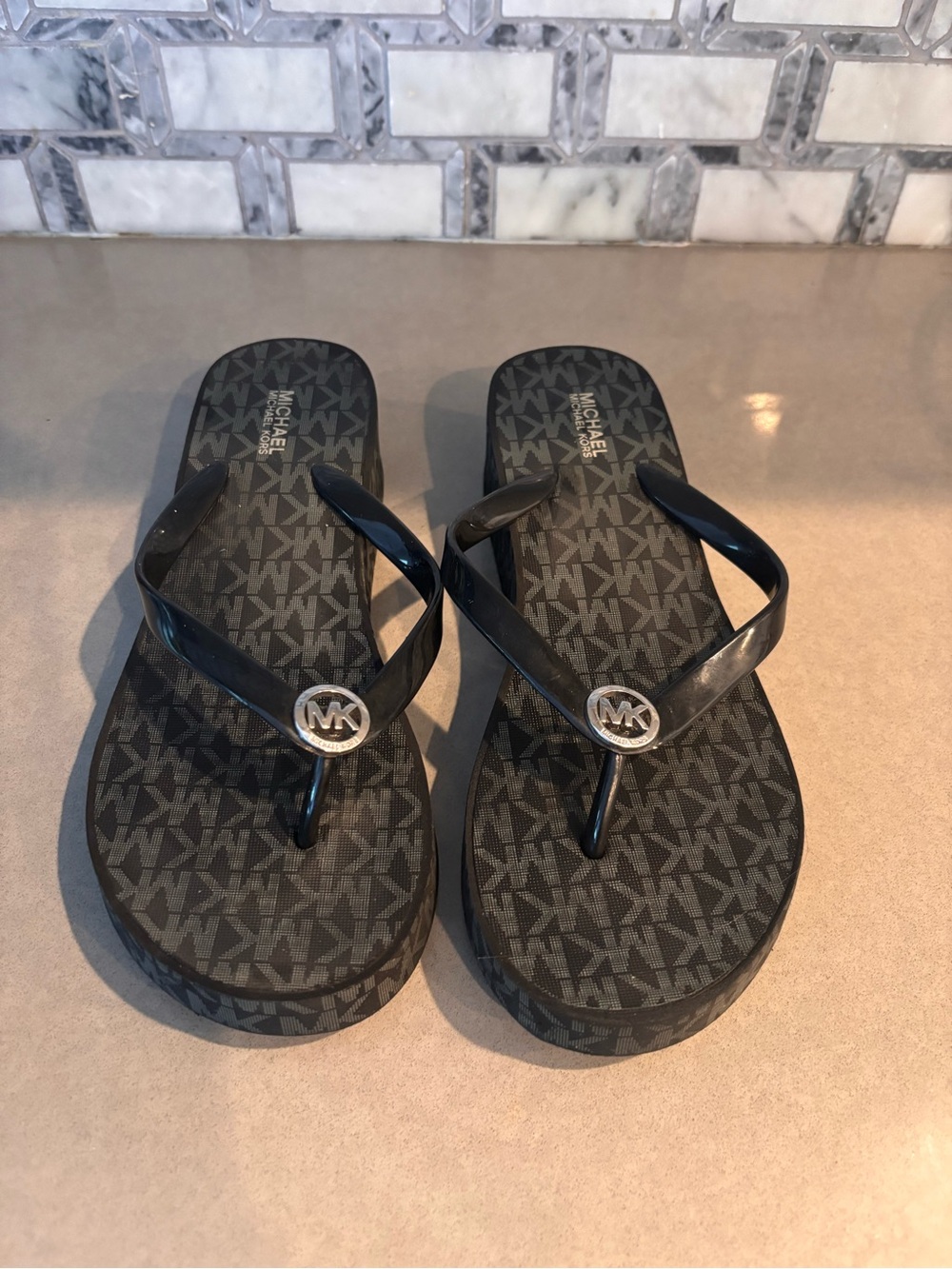 Michael Kors Black MK Logo Pattern platform Flip Flop Sandals